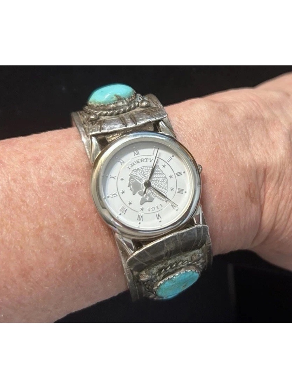 Vintage Native American Silver & Turquoise Watch Cuff Bracelet new battery